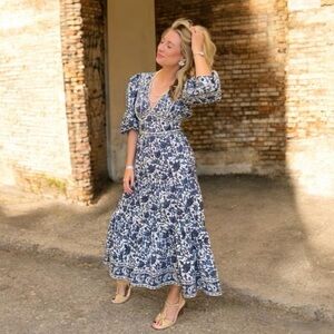 Love the Label Blue and White Puff Sleeve Floral Maxi Dress